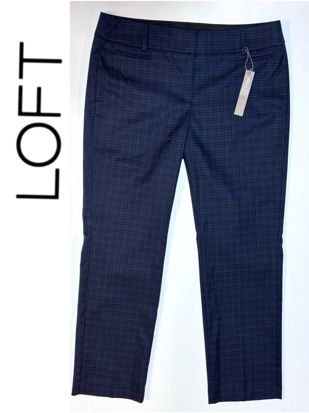 NWT LOFT Marisa Straight Muted Plaid Black Blue 12